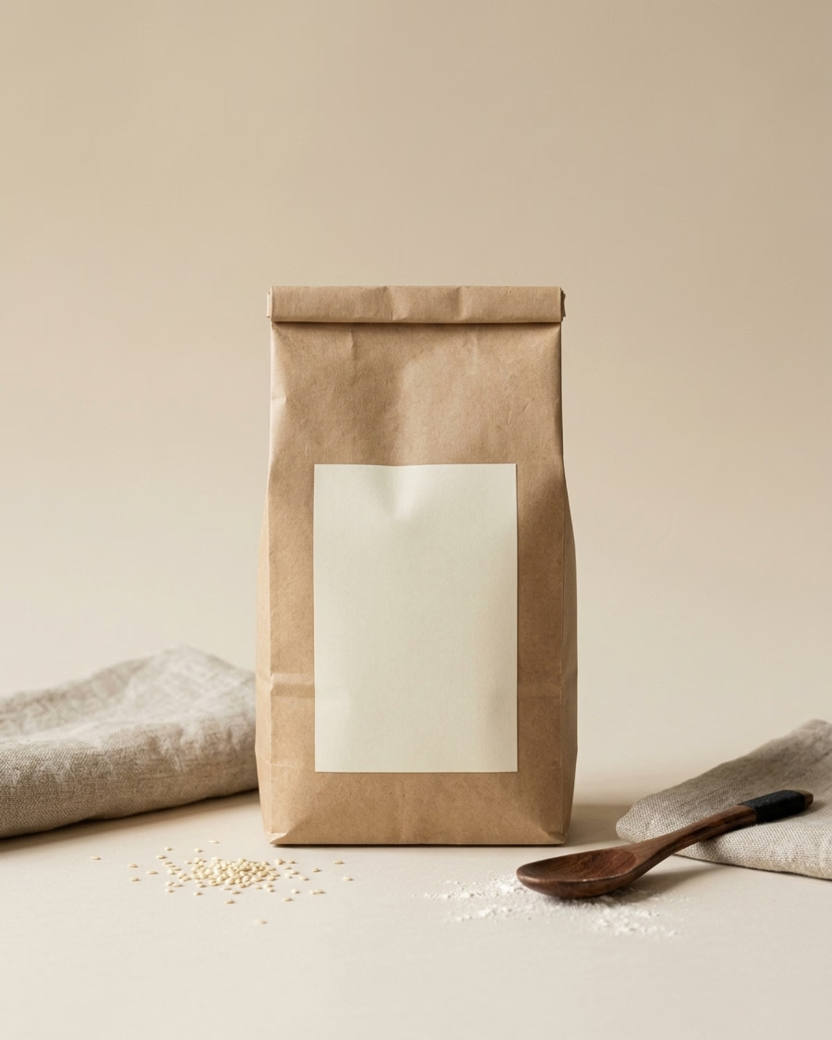 Plain unbranded kraft paper bag on seamless bone backdrop