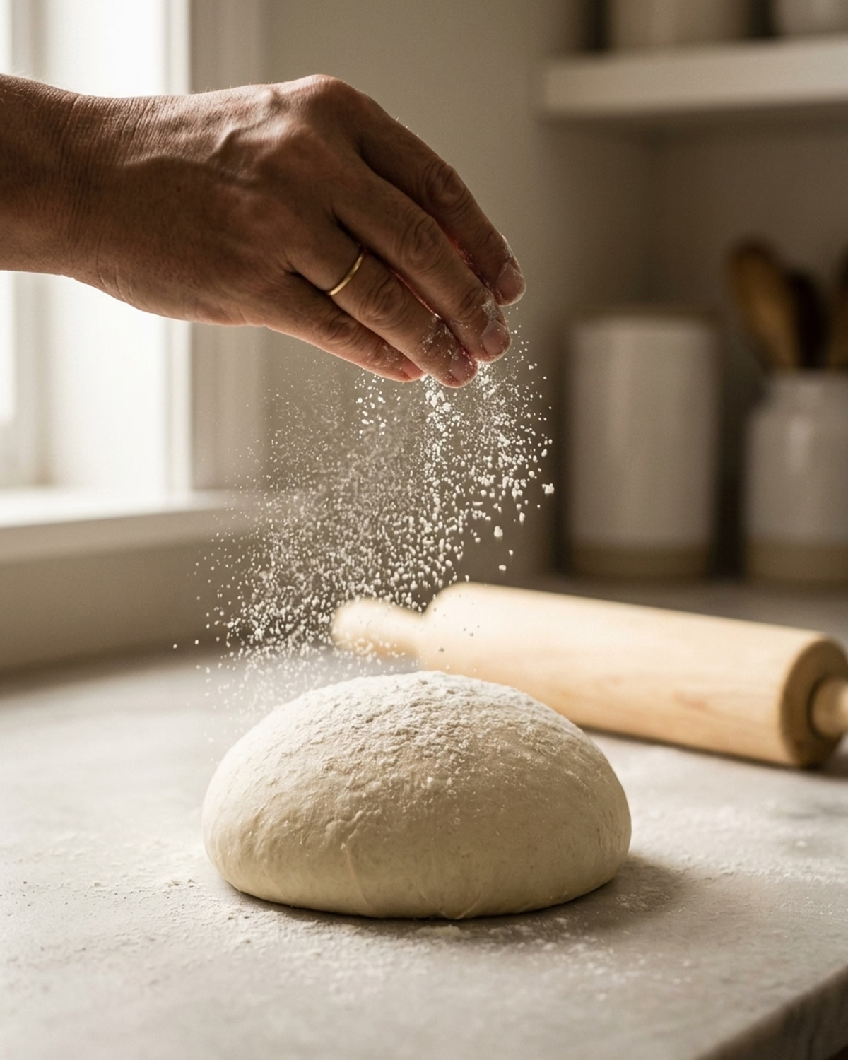 Hand dusting flour over dough on pale stone counter
