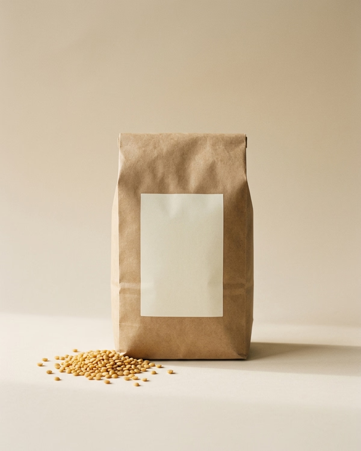 Plain unbranded kraft paper bag on seamless bone backdrop with unpolished toor dal