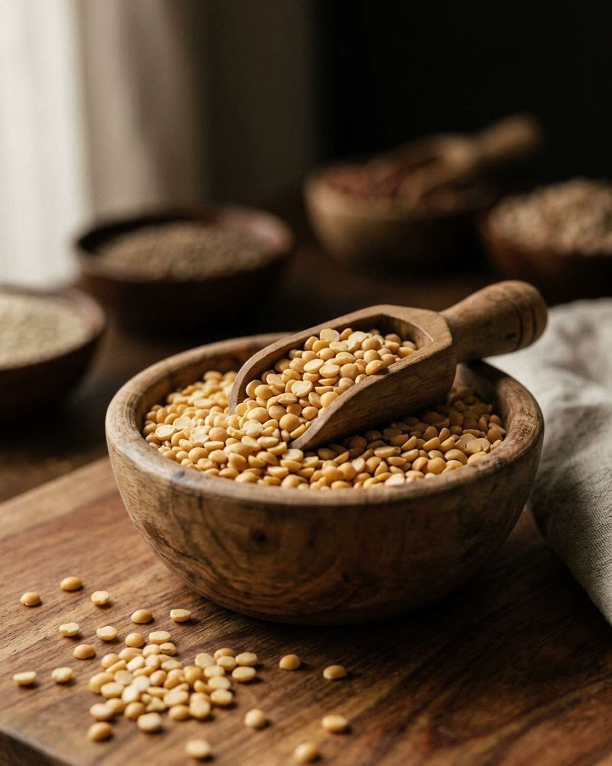 Unpolished toor dal heaped in a wooden scoop over a handcrafted wooden bowl