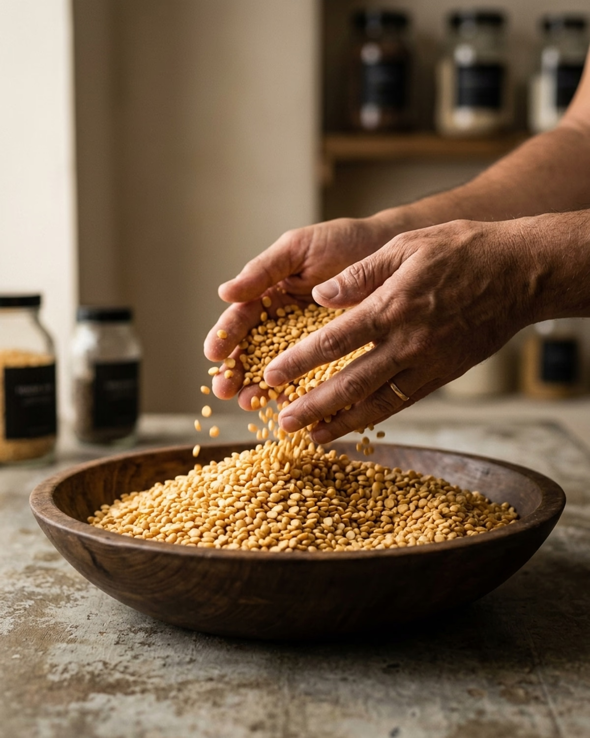 Hands running through raw unpolished toor dal in a wide wooden bowl