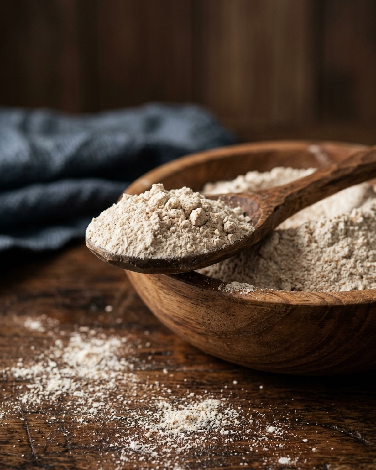 Whole wheat flour heaped in a wooden spoon resting over a wooden bowl